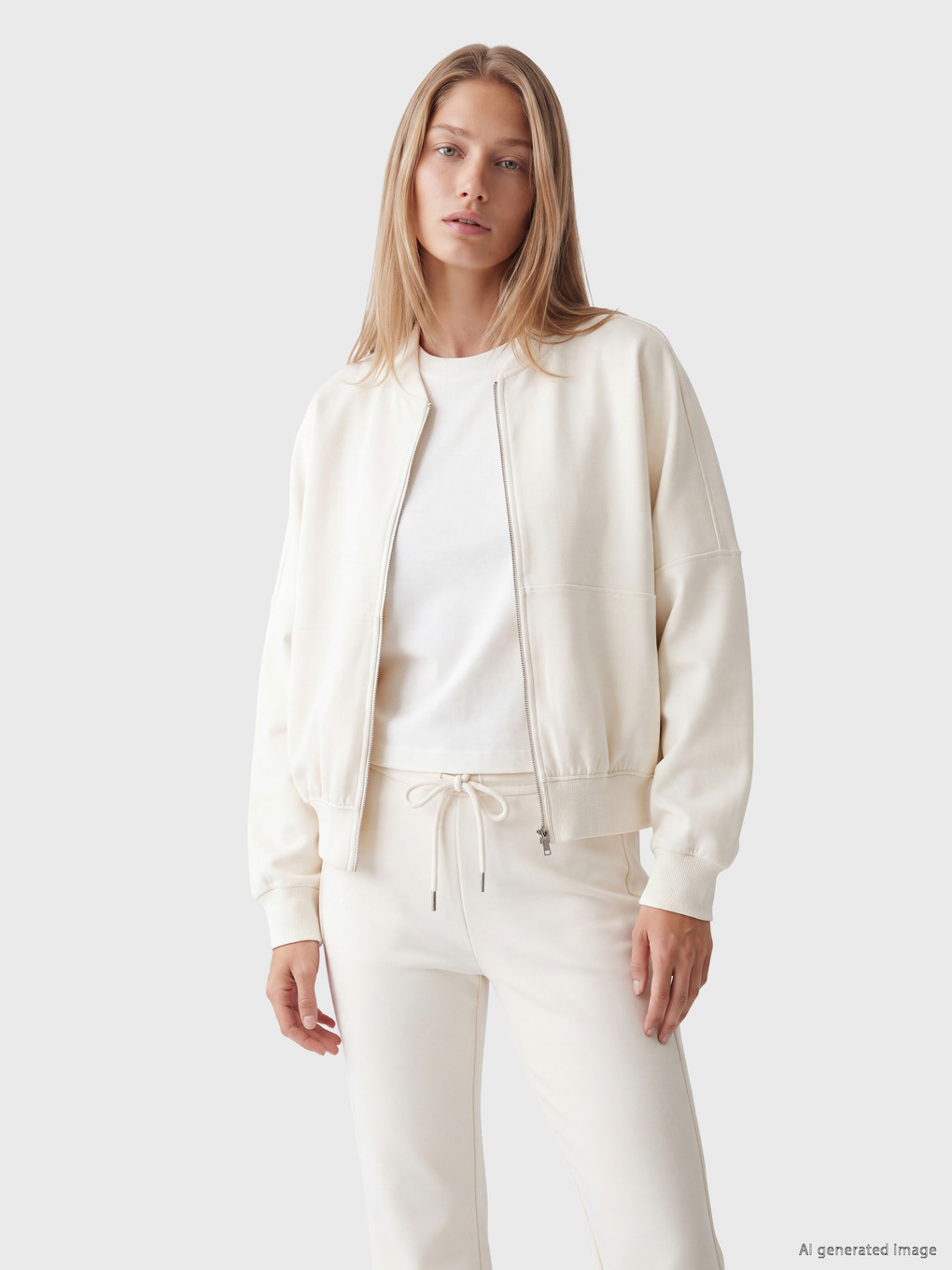 Beyaz Oversize Kadın Fermuarlı Sweatshirt-1