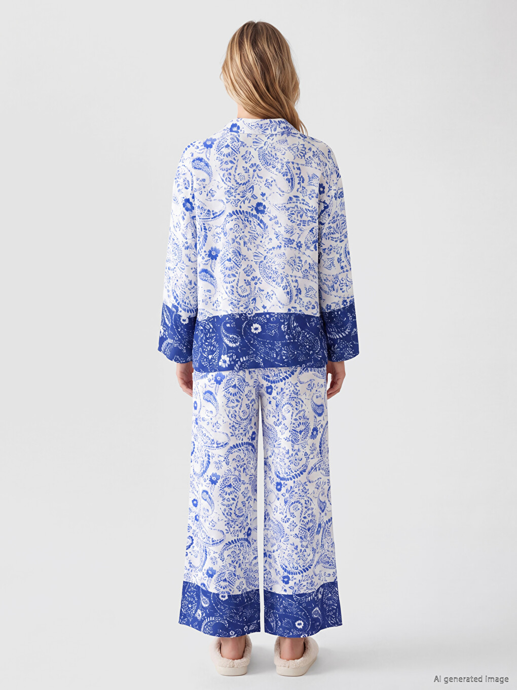Ekru Gömlek Yaka Desenli Kadın Pijama Takımı-2