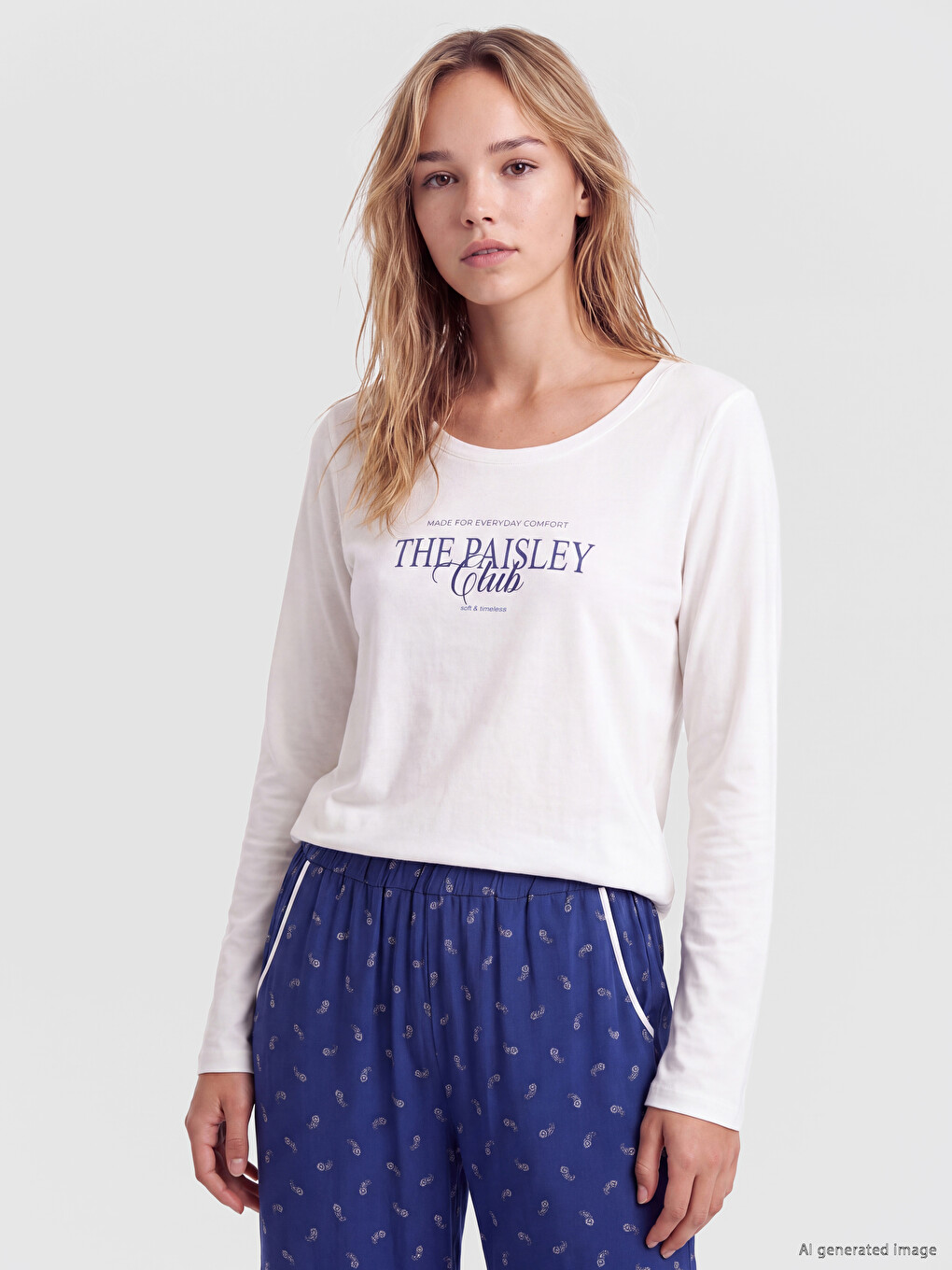 Lacivert Bisiklet Yaka Baskılı Kadın Pijama Takımı-1