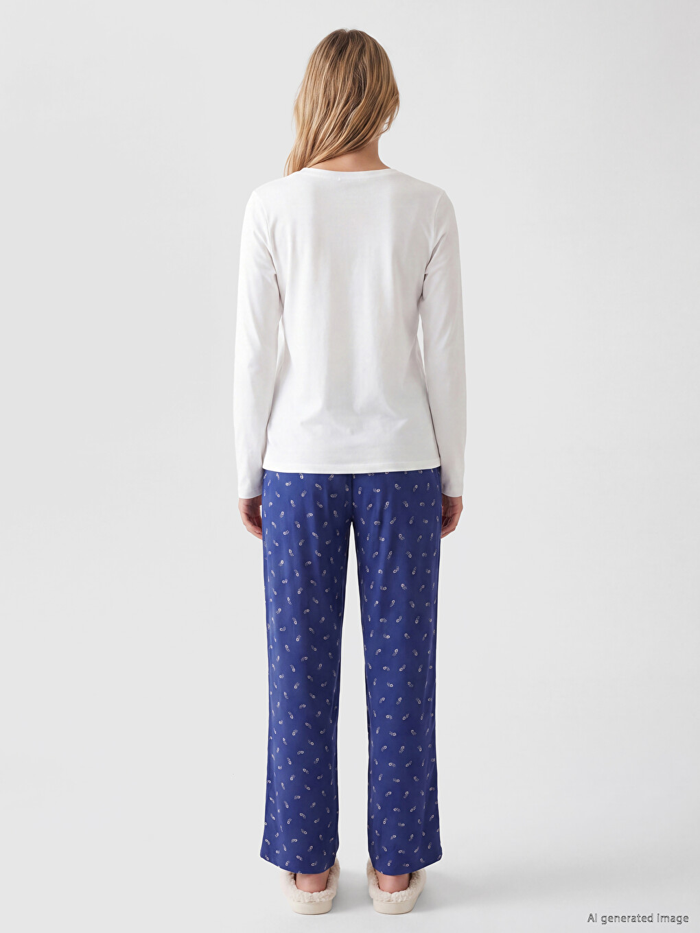 Lacivert Bisiklet Yaka Baskılı Kadın Pijama Takımı-3