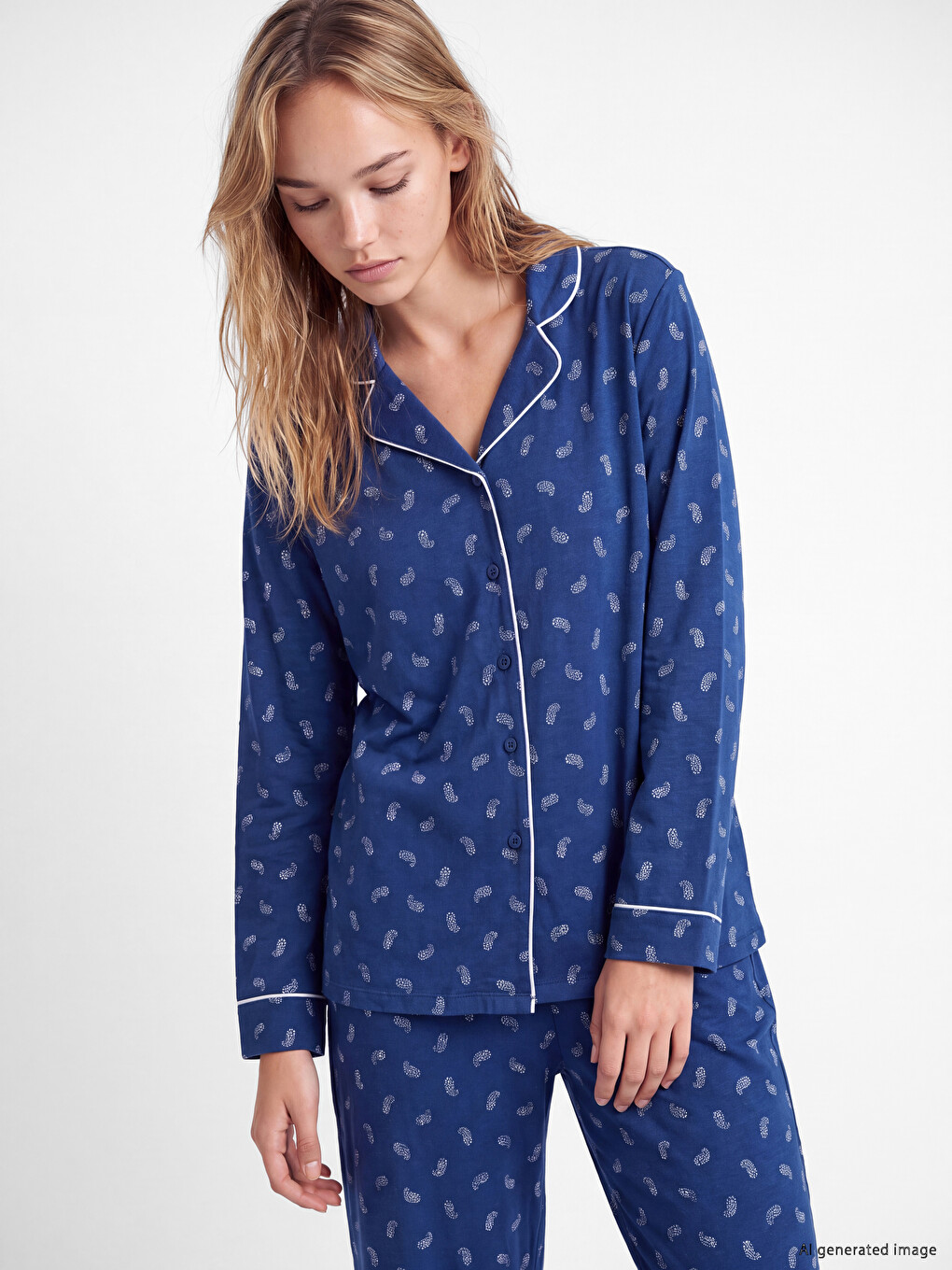 Lacivert Gömlek Yaka Baskılı Kadın Pijama Takımı-1