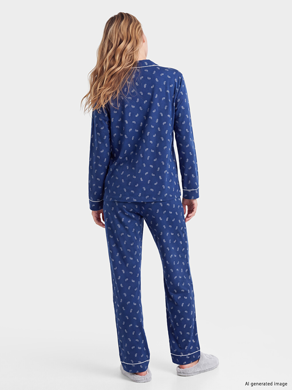 Lacivert Gömlek Yaka Baskılı Kadın Pijama Takımı-3