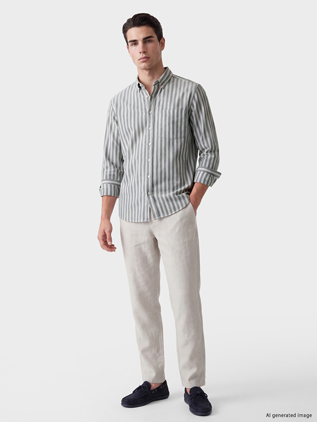 Haki Regular Fit Çizgili Balıksırtı Erkek Gömlek-1