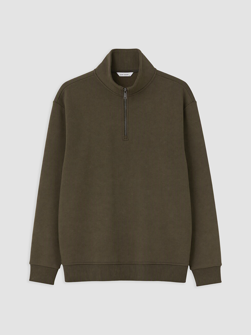 Haki Dik Yaka Erkek Kalın Sweatshirt