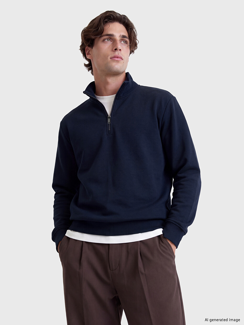 Lacivert Dik Yaka Erkek Kalın Sweatshirt