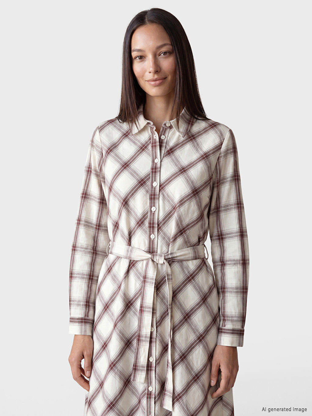 Waist Sashed Plaid Shirt Dress-1
