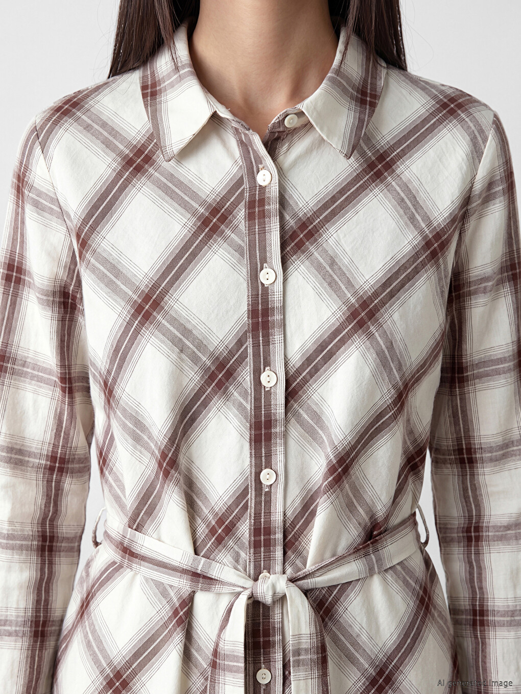 Waist Sashed Plaid Shirt Dress-2