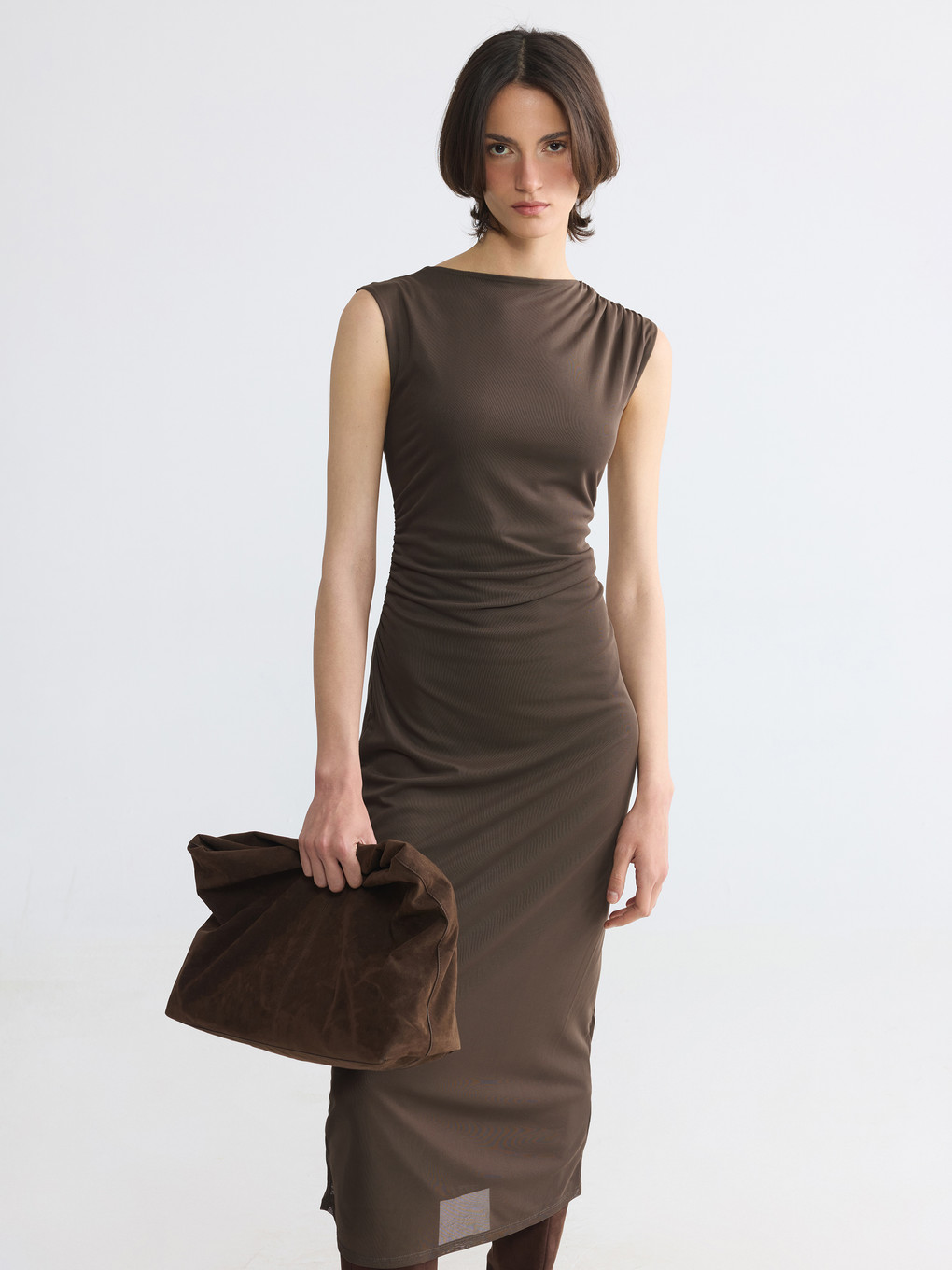 Büzgülü Bodycon Midi Elbise-1