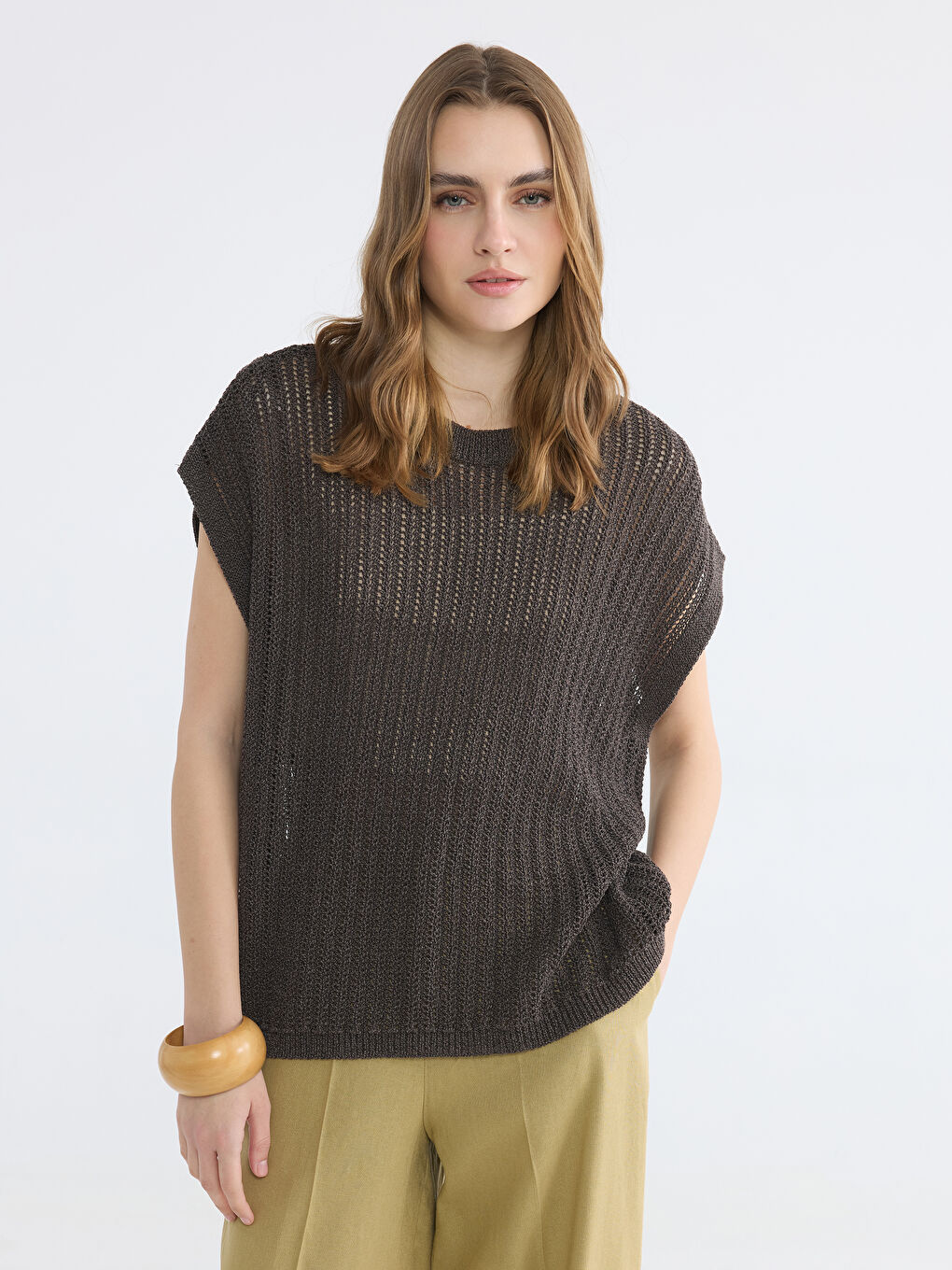 Kahverengi Bisiklet Yaka Ajurlu Kadın Triko Süveter