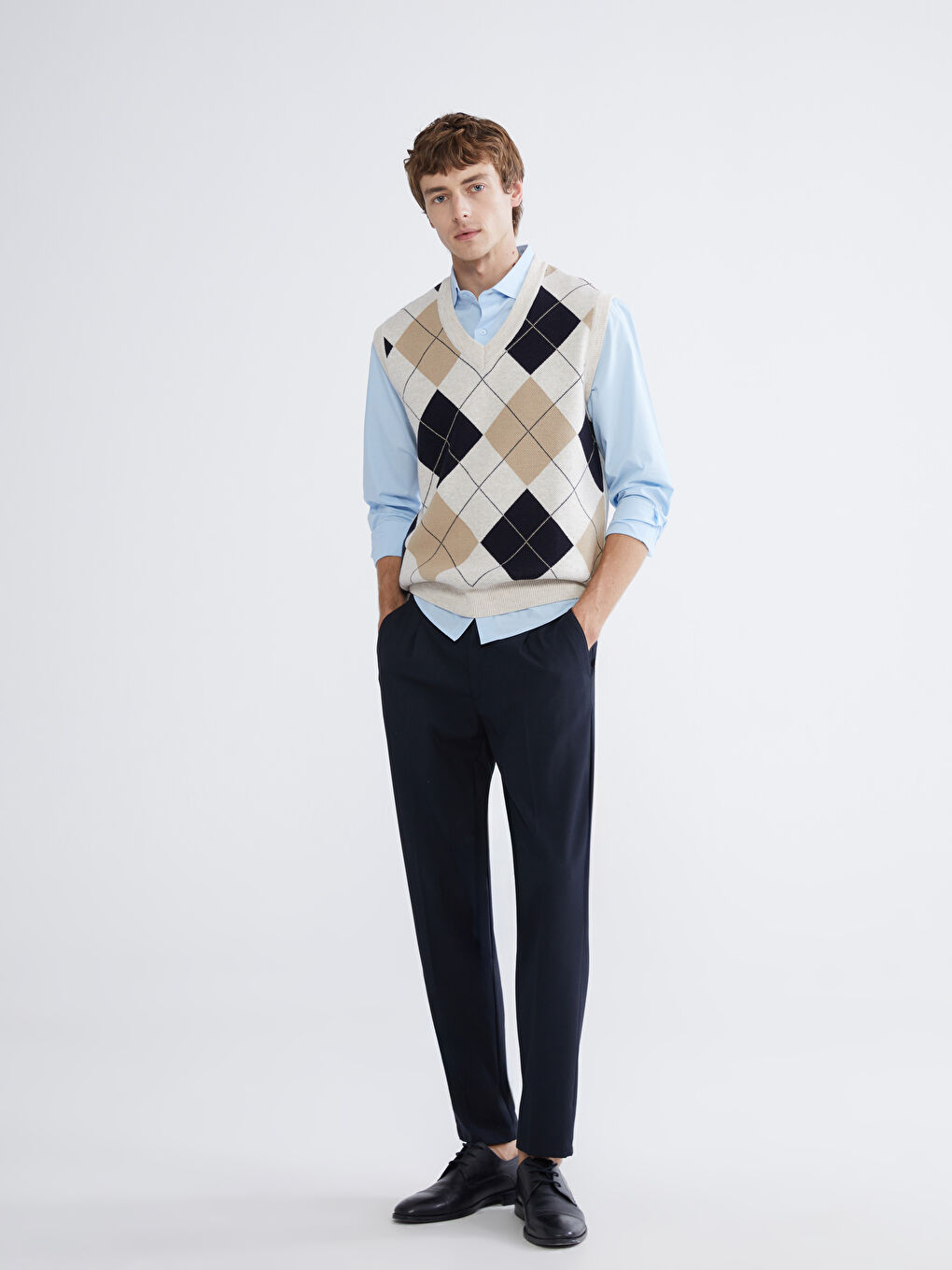 Bej V Yaka Baklava Desenli Erkek Triko Süveter-1