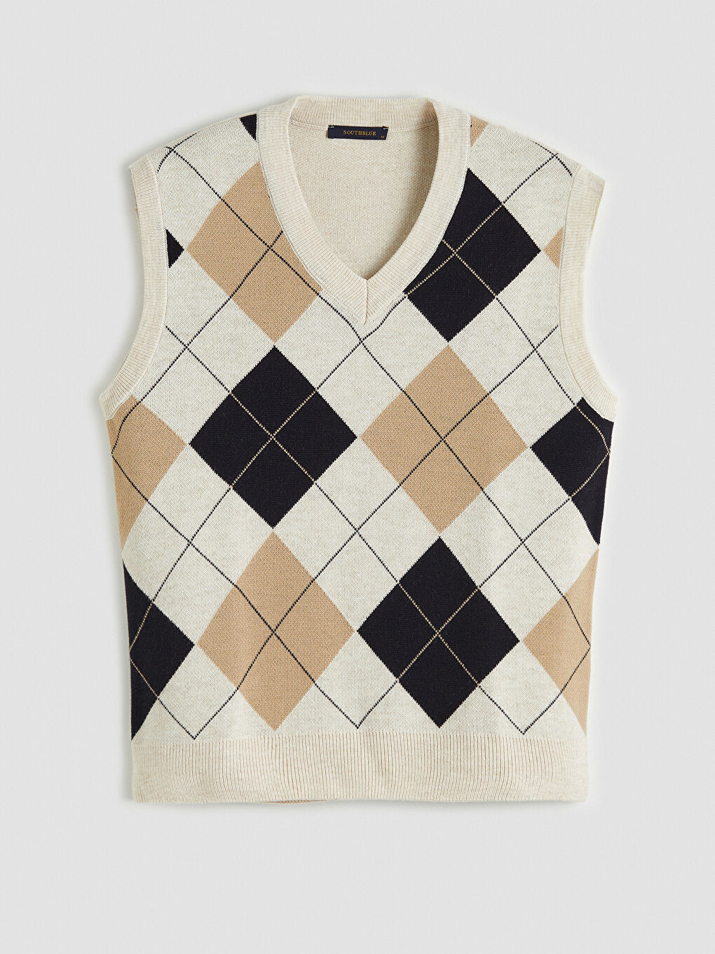 Bej V Yaka Baklava Desenli Erkek Triko Süveter-4