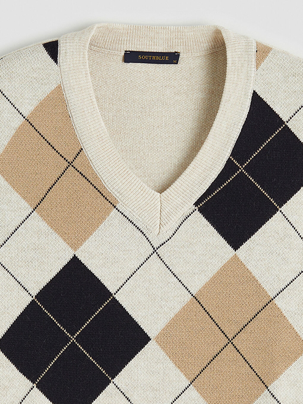 Bej V Yaka Baklava Desenli Erkek Triko Süveter-5