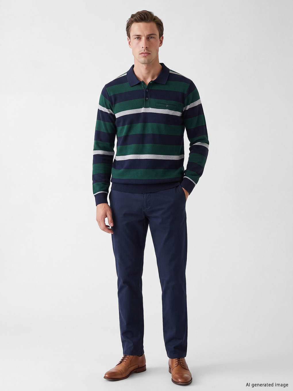 Yeşil Polo Yaka Çizgili Erkek Sweatshirt-1