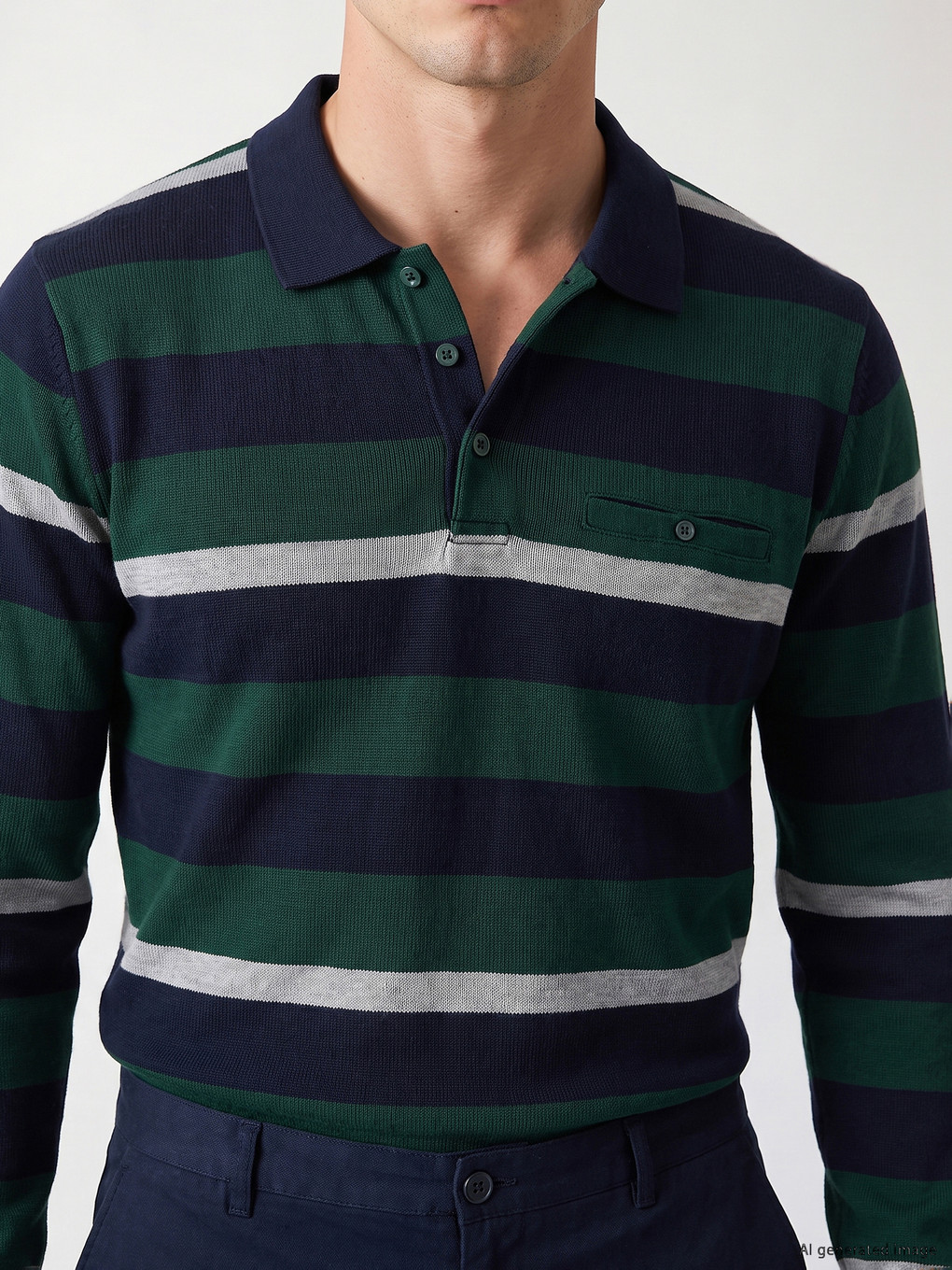Yeşil Polo Yaka Çizgili Erkek Sweatshirt-2