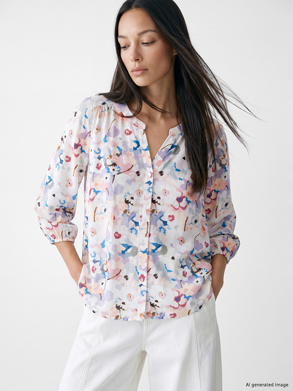 Grandad Collar Patterned Blouse