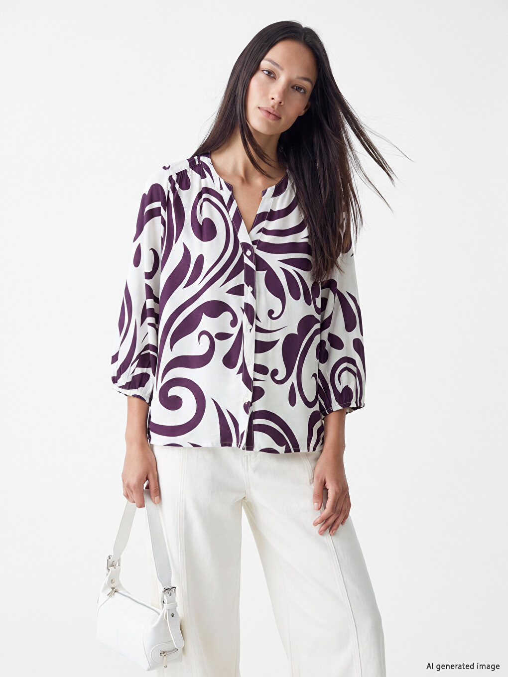 Grandad Collar Patterned Blouse