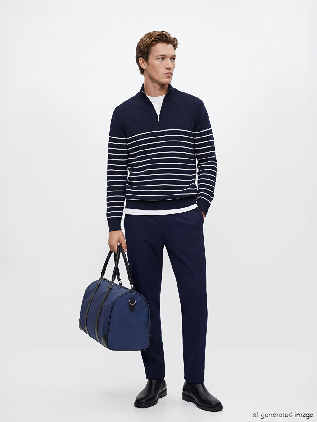 Lacivert Dik Yaka Çizgili Erkek Triko Kazak-1