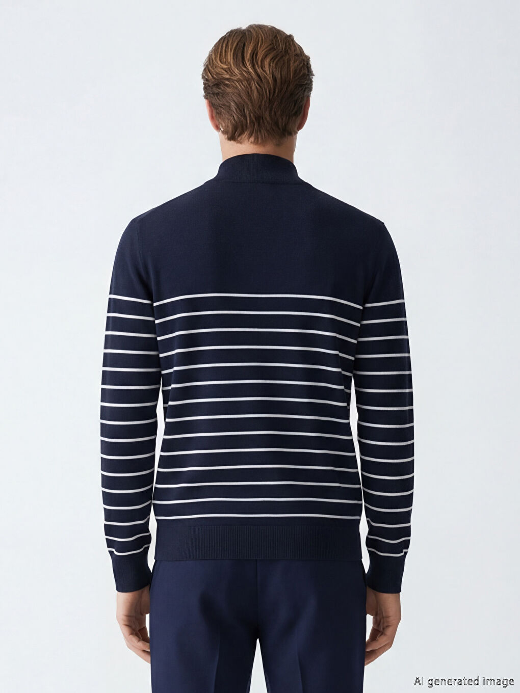 Lacivert Dik Yaka Çizgili Erkek Triko Kazak-2