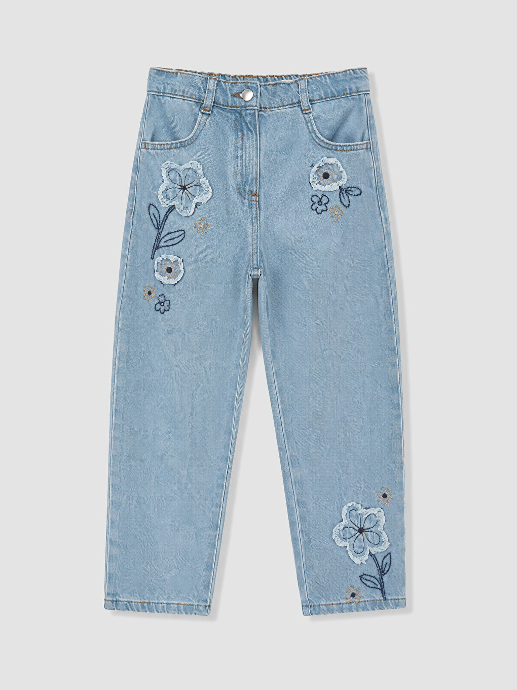 İndigo Straight Fit Nakışlı Kız Çocuk Jean Pantolon
