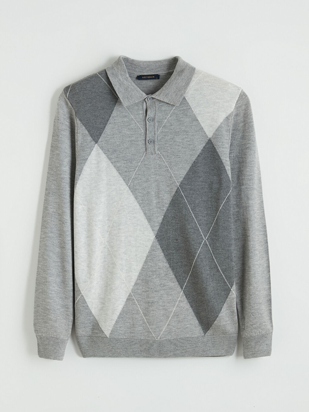 Gri Polo Yaka Baklava Desenli Erkek Triko Kazak