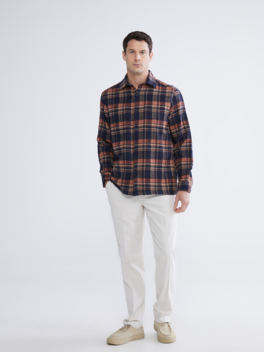 Kahverengi Rahat Kalıp Ekose Erkek Gömlek-1