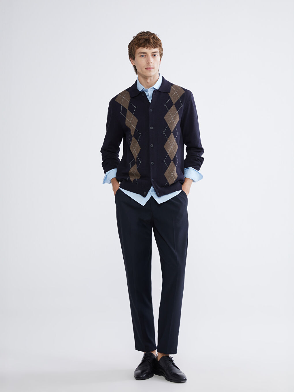 Lacivert Polo Yaka Baklava Desenli Erkek Triko Hırka-1