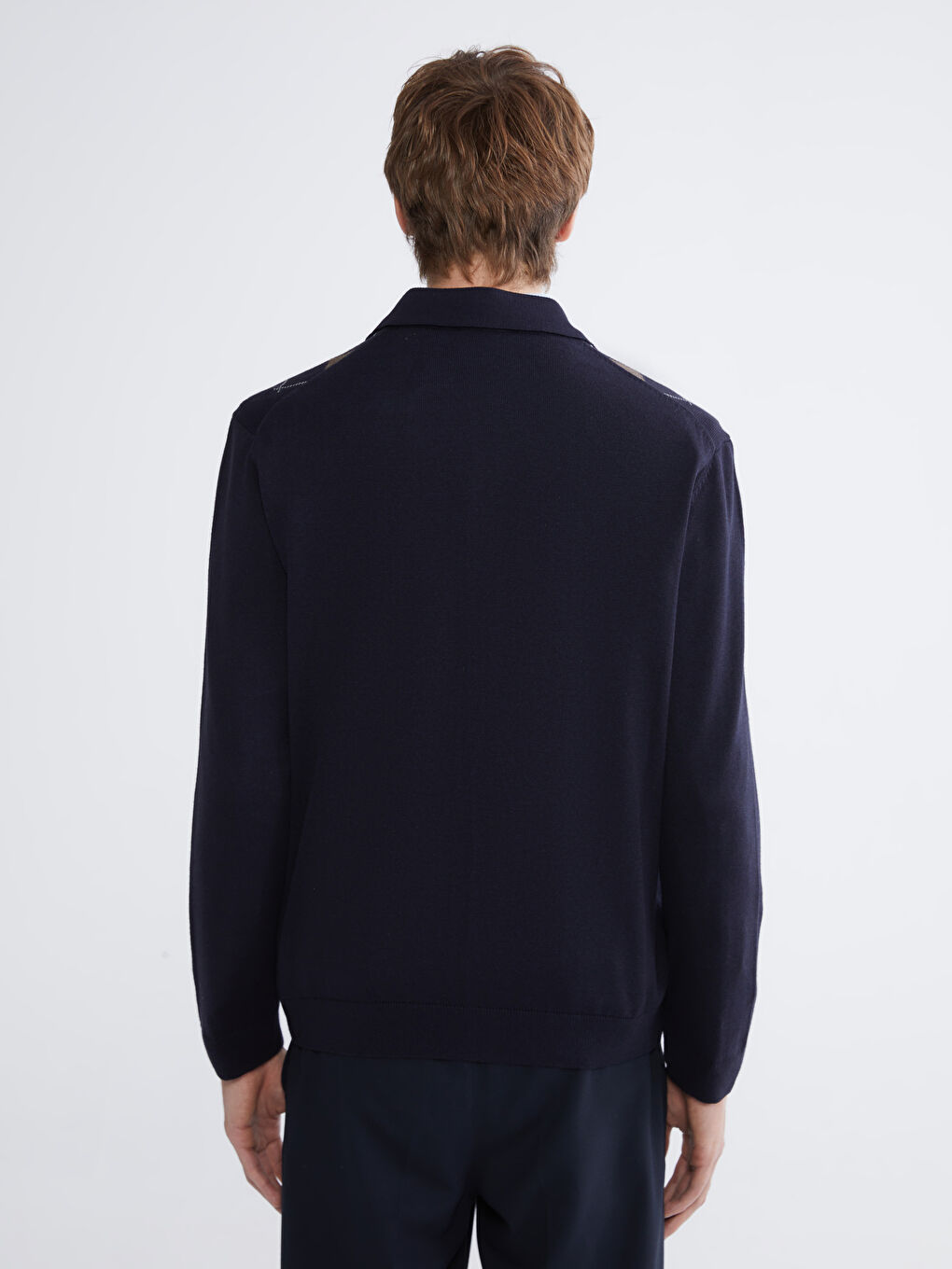 Lacivert Polo Yaka Baklava Desenli Erkek Triko Hırka-3