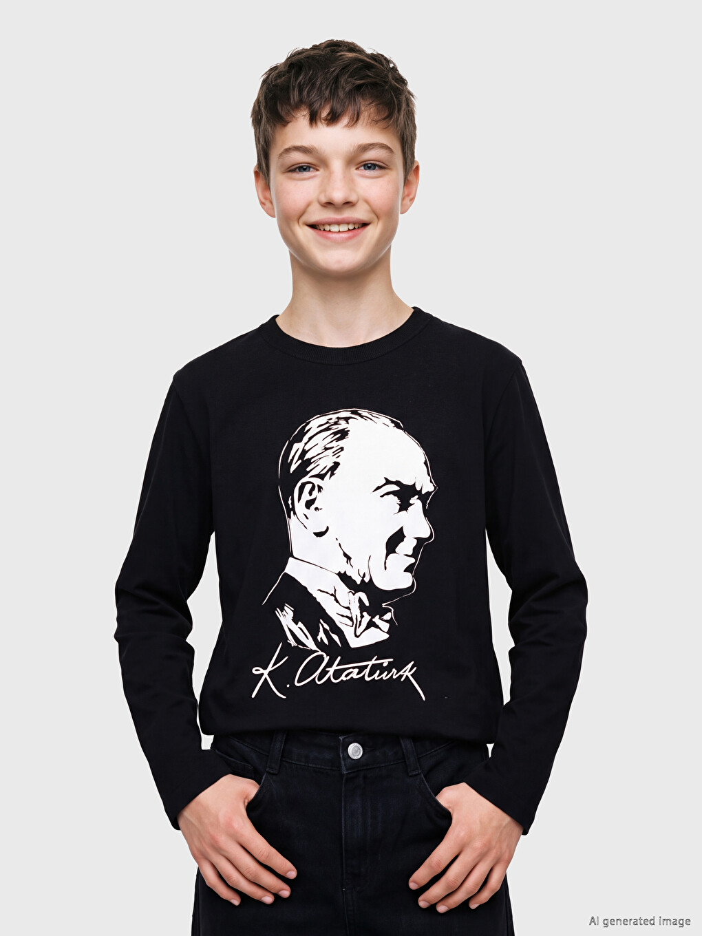 Siyah Bisiklet Yaka Atatürk Baskılı Erkek Çocuk Tişört-1