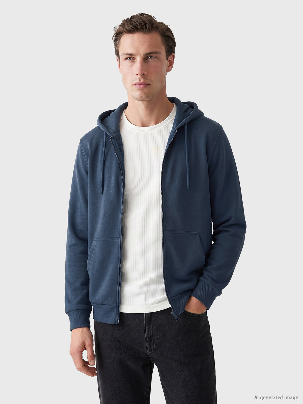 Lacivert Kapüşonlu Erkek Fermuarlı Sweatshirt
