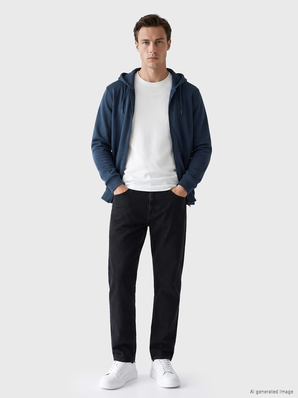 Lacivert Kapüşonlu Erkek Fermuarlı Sweatshirt-1