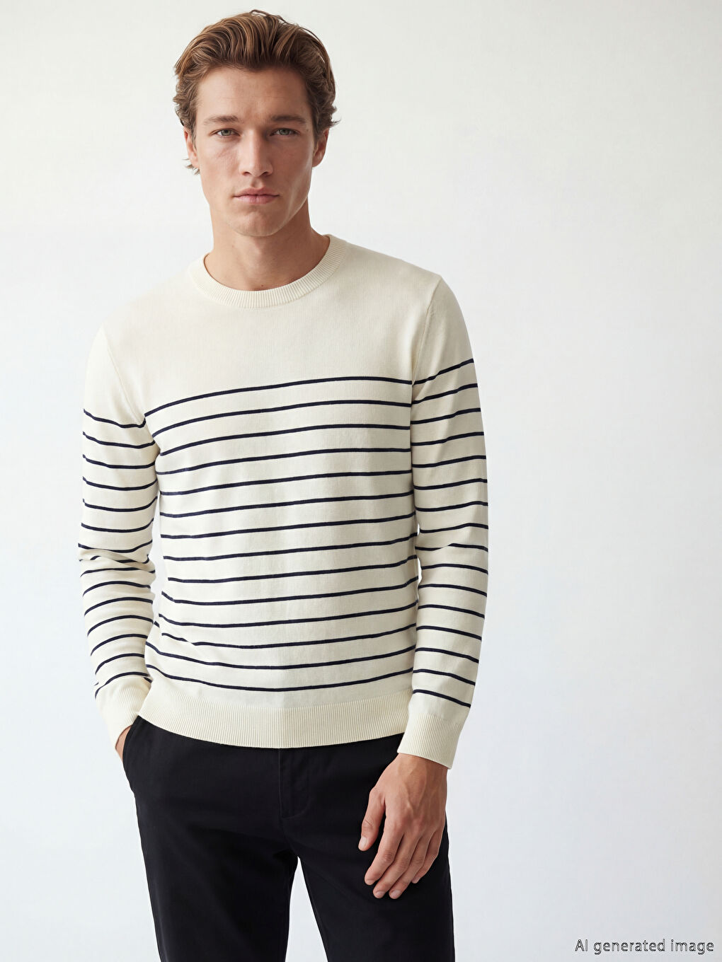 Ekru Bisiklet Yaka Çizgili Erkek Triko Kazak
