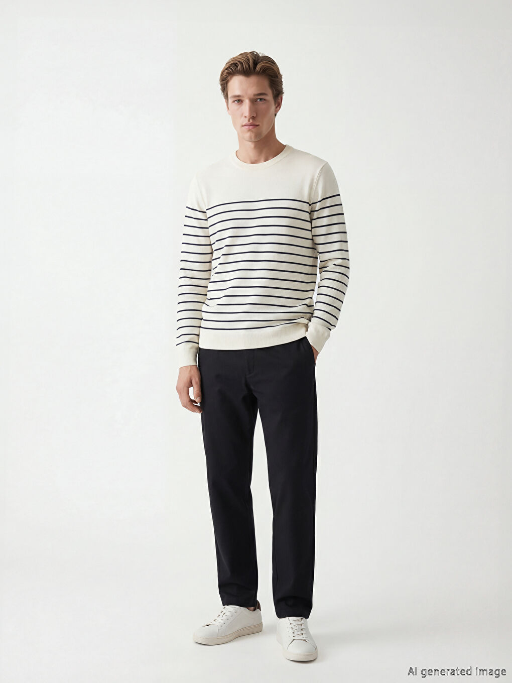 Ekru Bisiklet Yaka Çizgili Erkek Triko Kazak-1