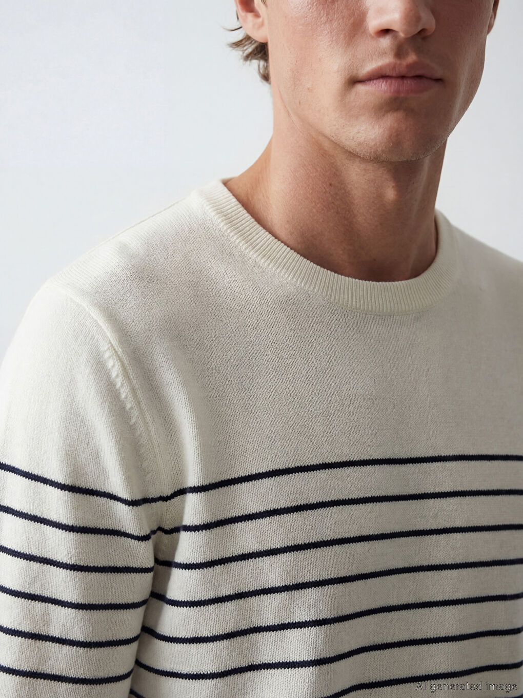 Ekru Bisiklet Yaka Çizgili Erkek Triko Kazak-2