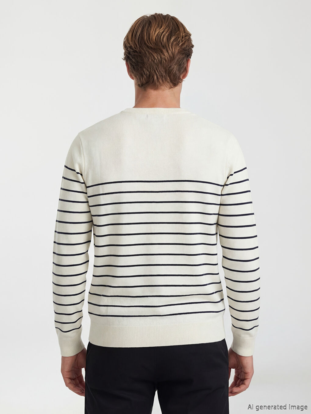 Ekru Bisiklet Yaka Çizgili Erkek Triko Kazak-3
