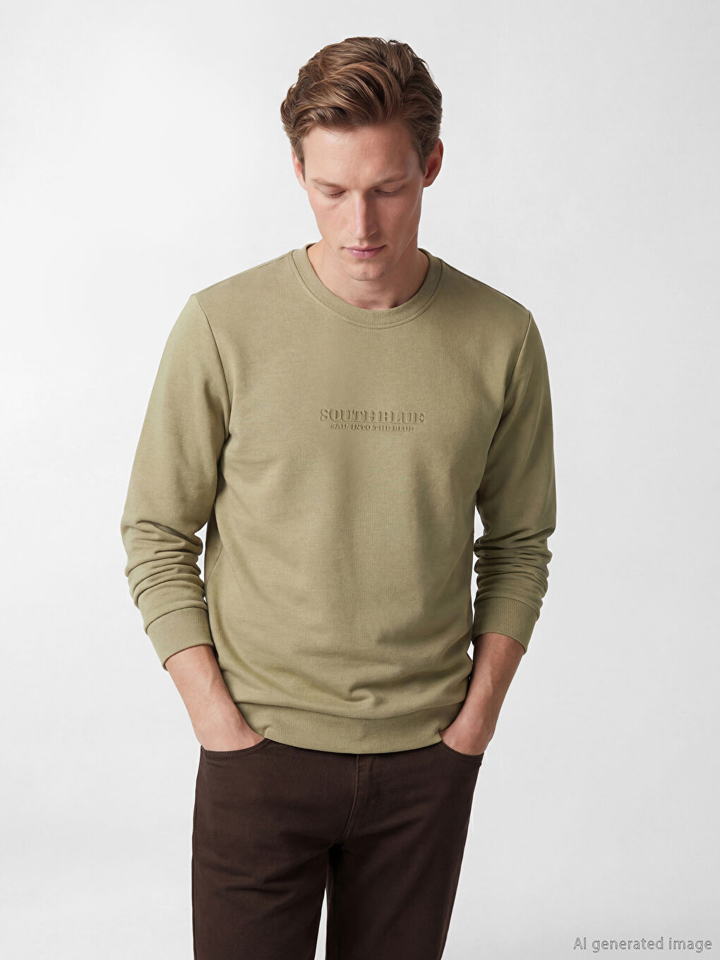 Yeşil Bisiklet Yaka Baskılı Erkek Sweatshirt