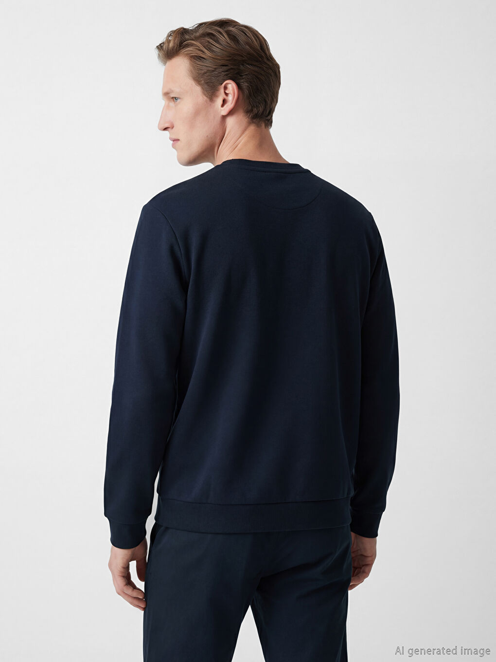 Lacivert Bisiklet Yaka Baskılı Erkek Sweatshirt-3