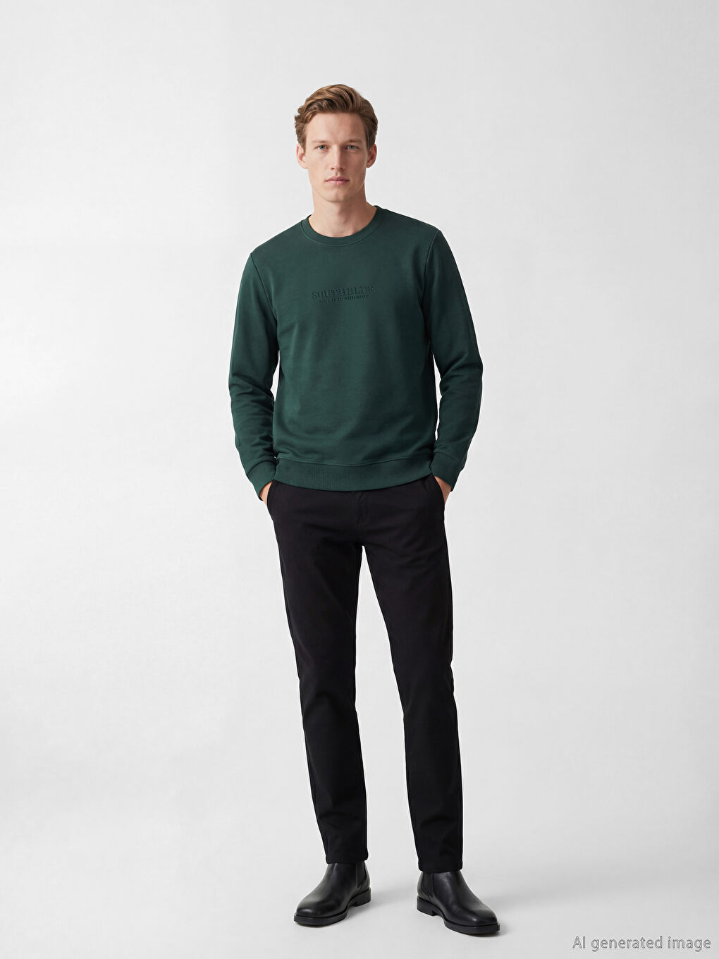 Yeşil Bisiklet Yaka Baskılı Erkek Sweatshirt-1