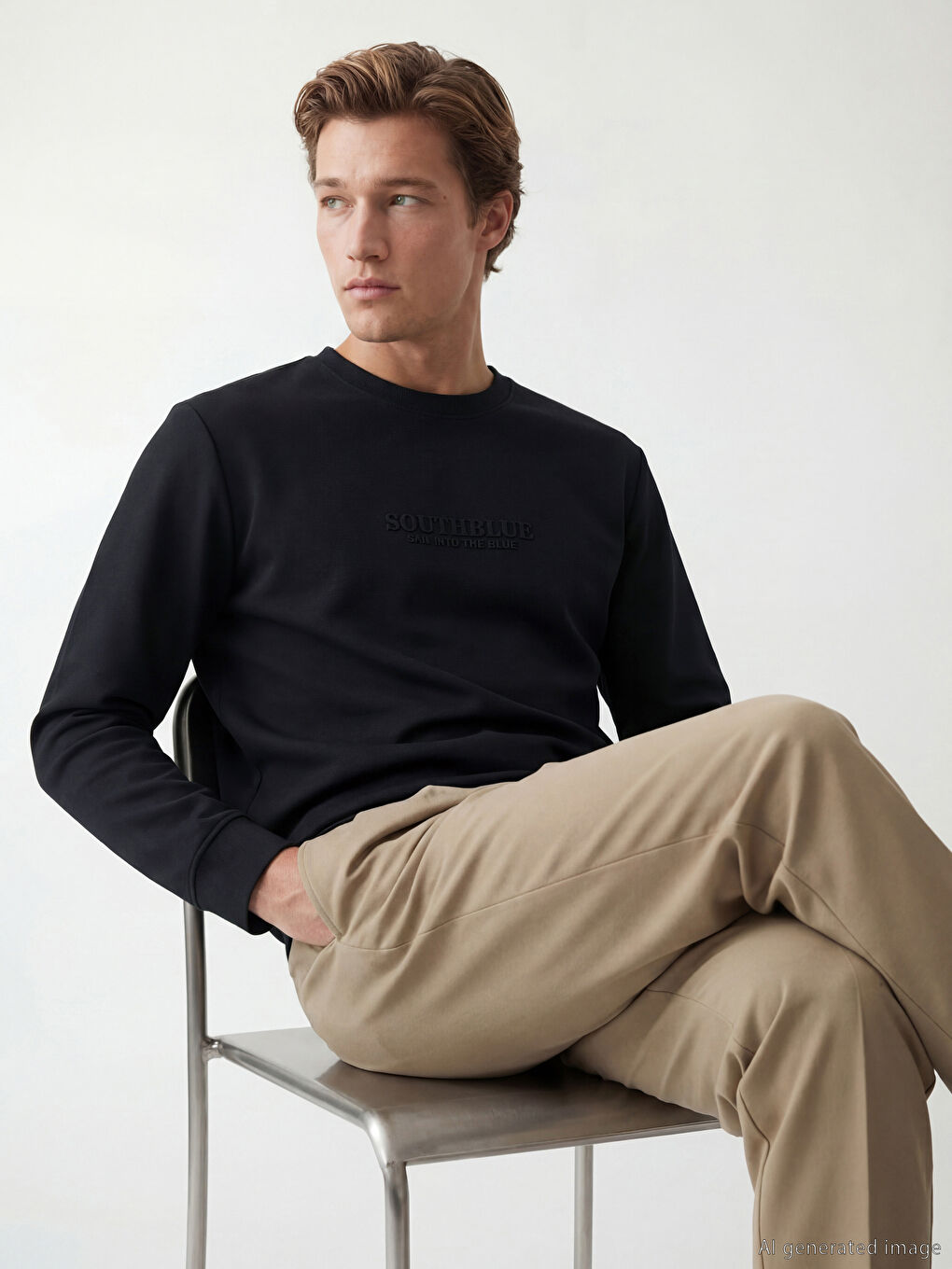 Siyah Bisiklet Yaka Baskılı Erkek Sweatshirt