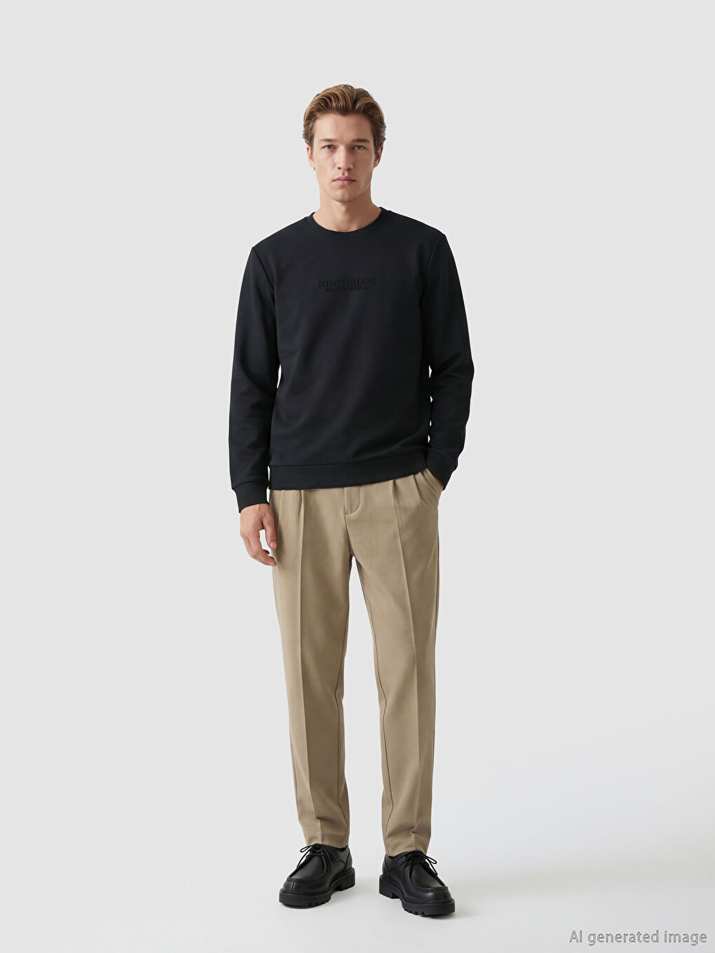 Siyah Bisiklet Yaka Baskılı Erkek Sweatshirt-1