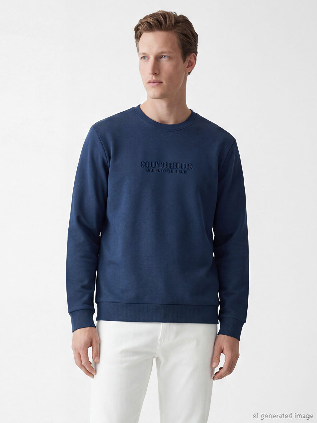 İndigo Bisiklet Yaka Baskılı Erkek Sweatshirt