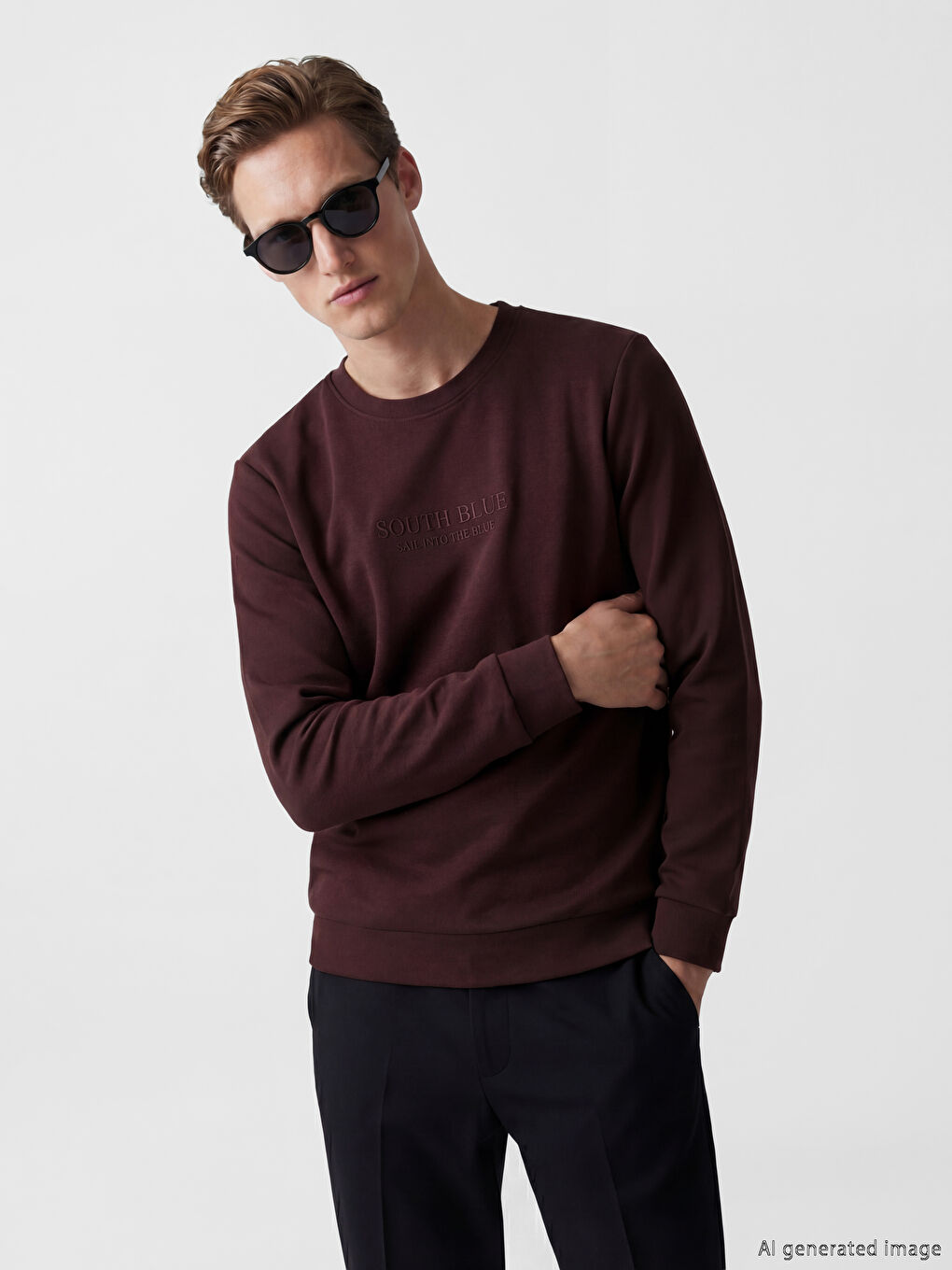 Mürdüm Bisiklet Yaka Baskılı Erkek Sweatshirt