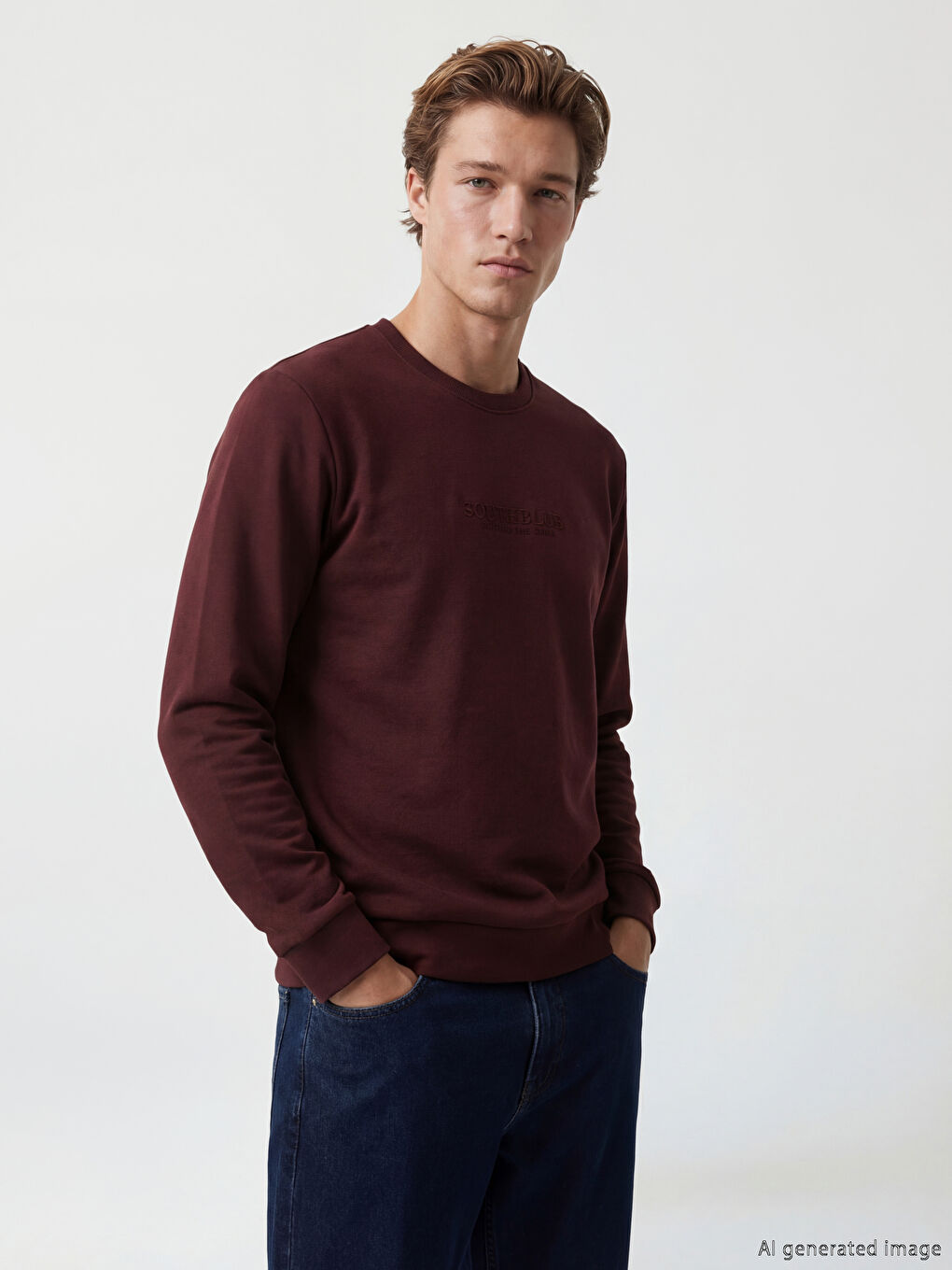 Bordo Bisiklet Yaka Baskılı Erkek Sweatshirt