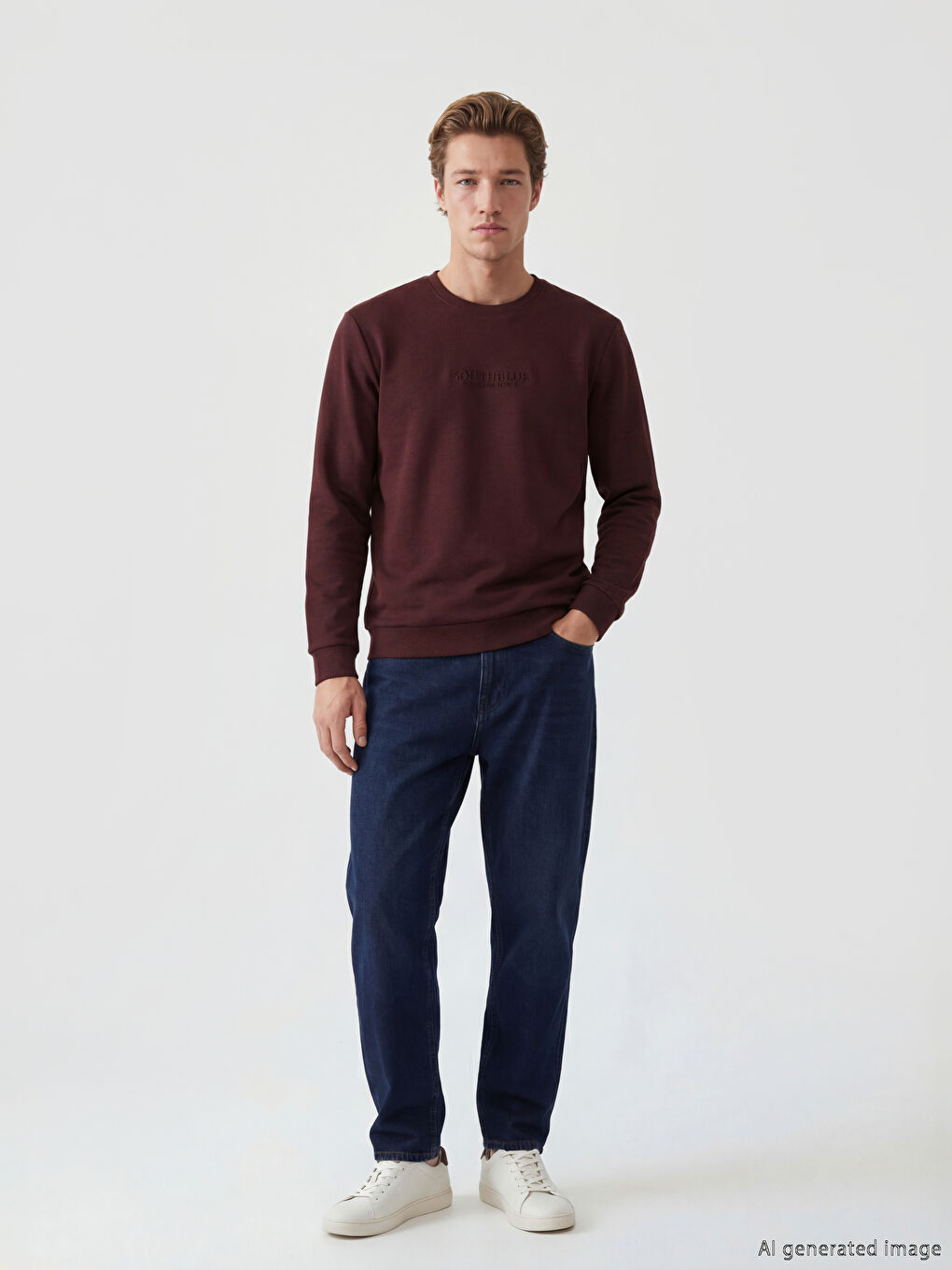 Bordo Bisiklet Yaka Baskılı Erkek Sweatshirt-1