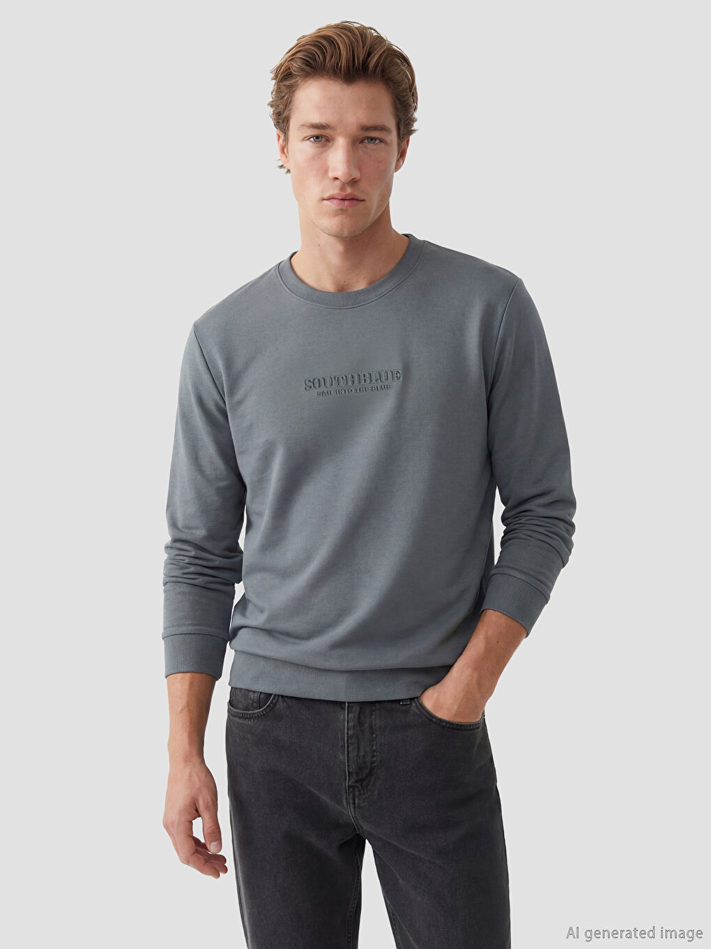 Antrasit Bisiklet Yaka Baskılı Erkek Sweatshirt