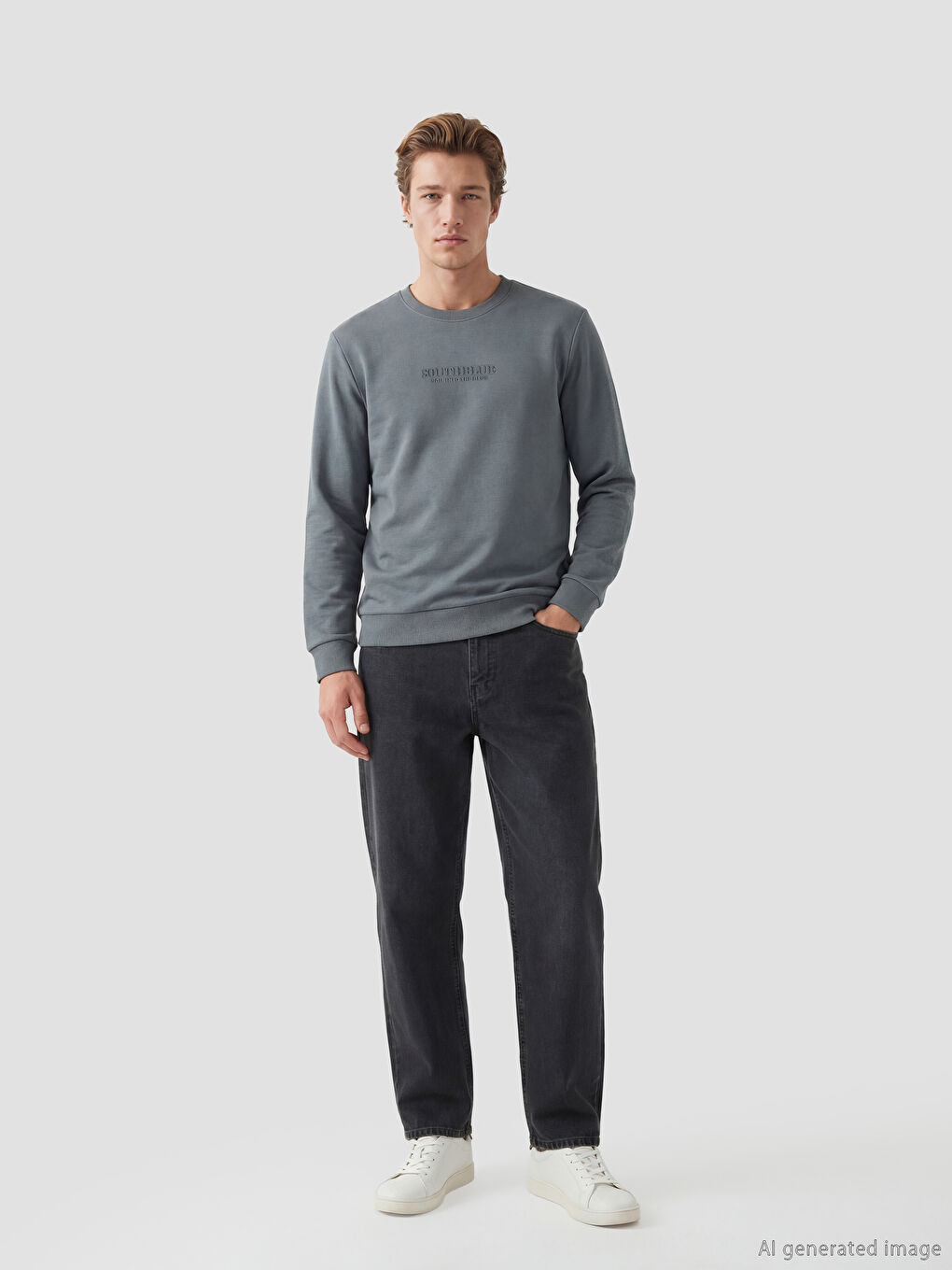 Antrasit Bisiklet Yaka Baskılı Erkek Sweatshirt-1