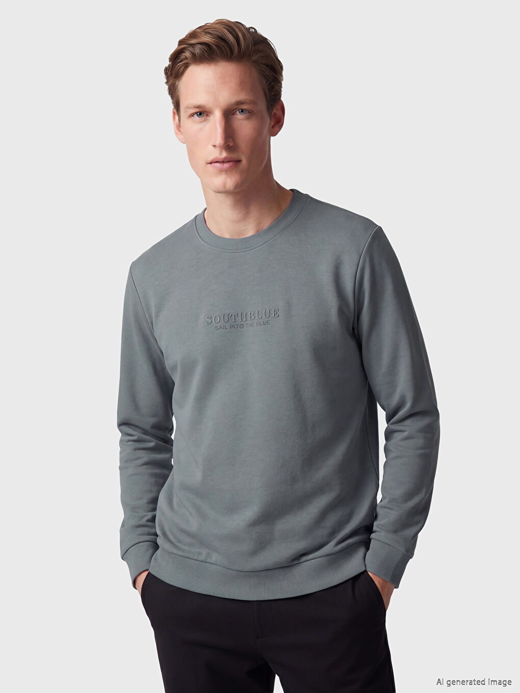 Antrasit Bisiklet Yaka Baskılı Erkek Sweatshirt