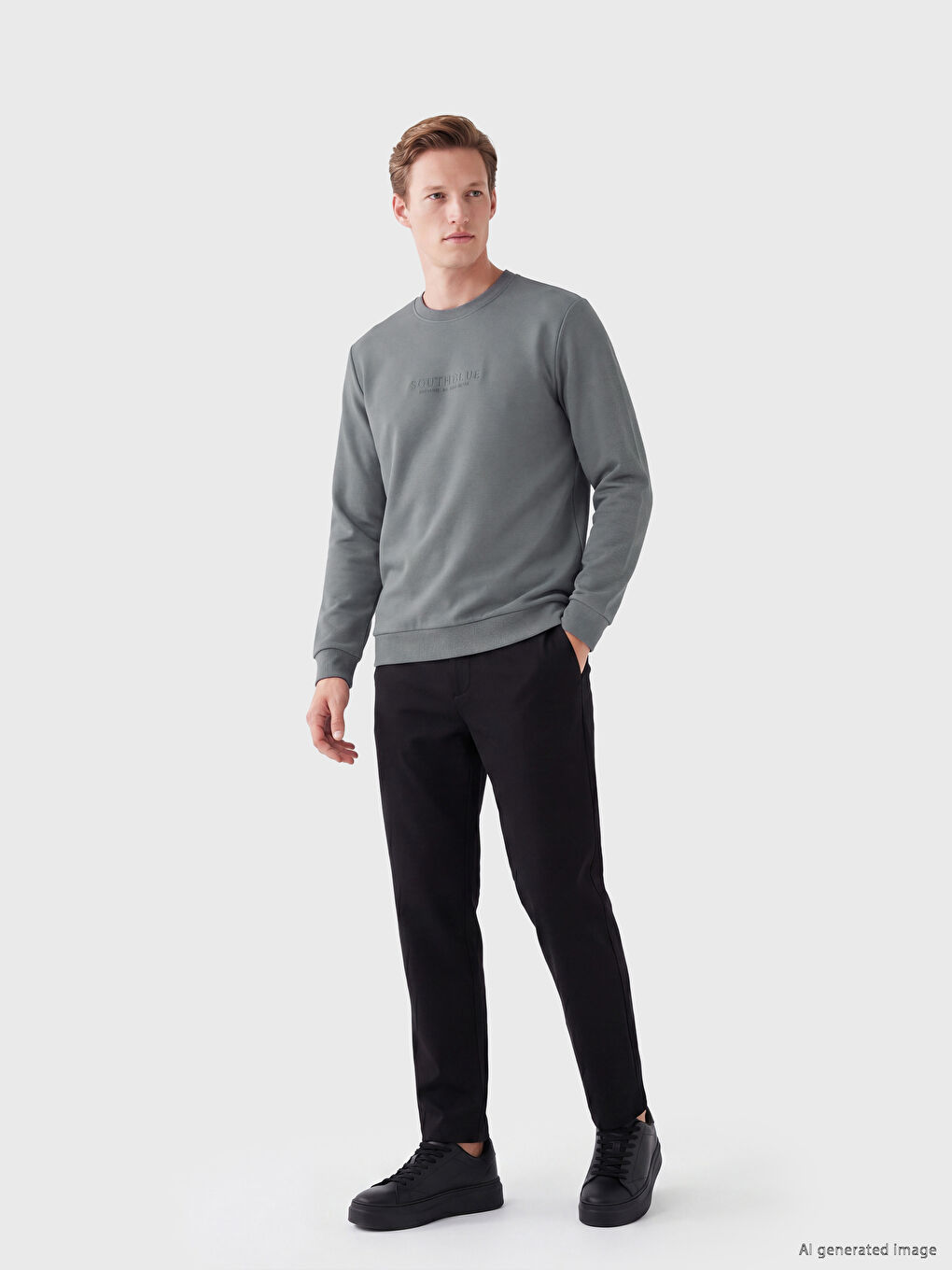 Antrasit Bisiklet Yaka Baskılı Erkek Sweatshirt-1