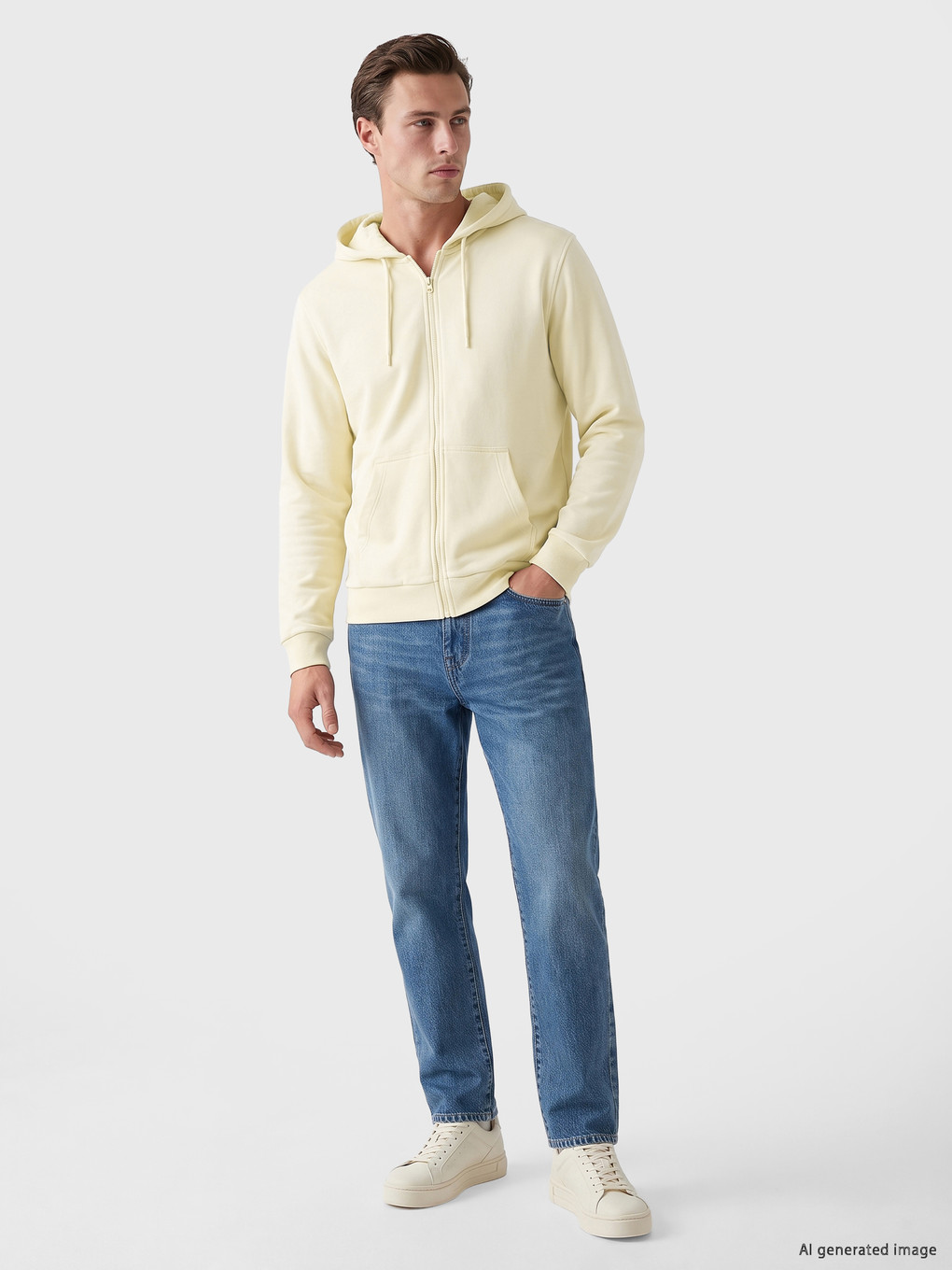 Bej Kapüşonlu Erkek Fermuarlı Sweatshirt-1