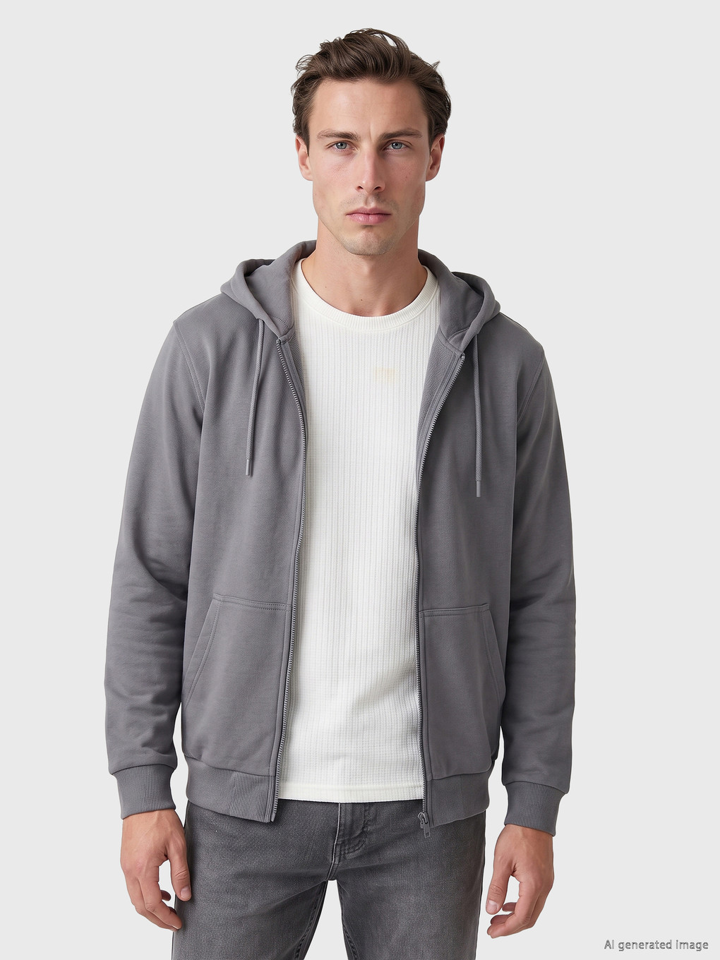 Gri Kapüşonlu Erkek Fermuarlı Sweatshirt