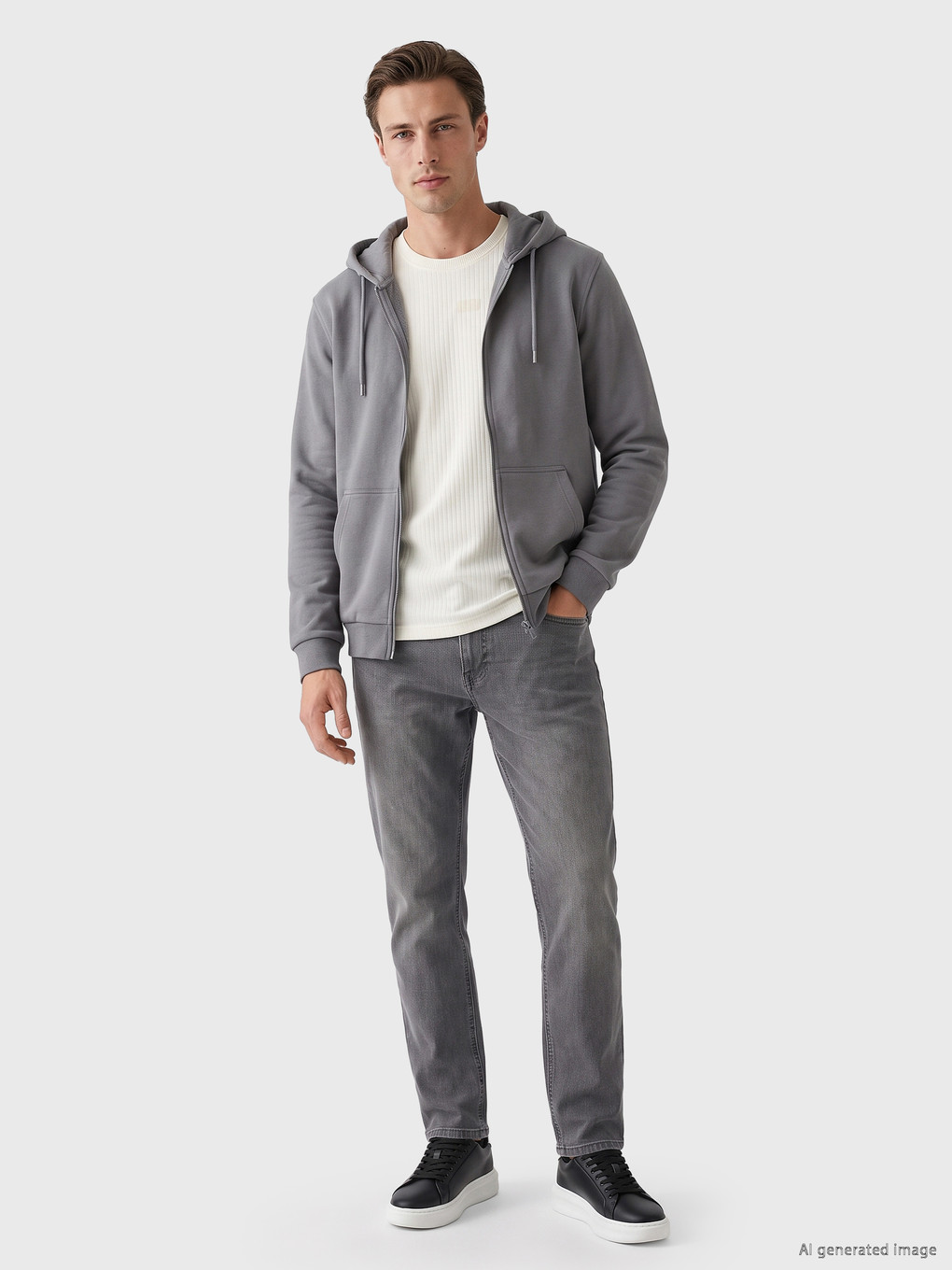 Gri Kapüşonlu Erkek Fermuarlı Sweatshirt-1